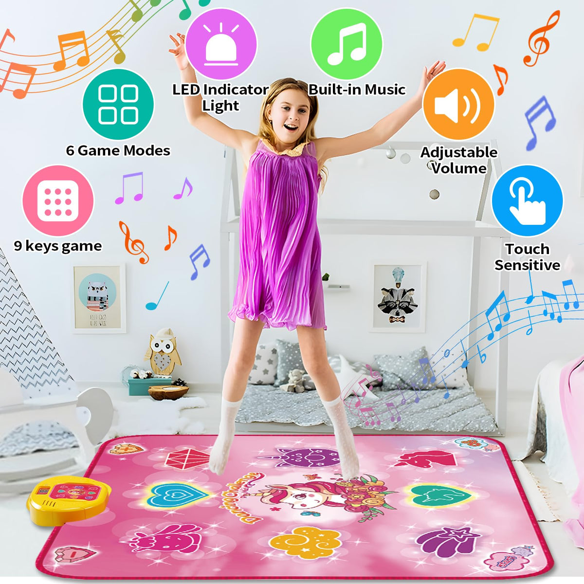 Maysida Unicorn Dance Mat showing 6 game modes for varied kid-friendly challenges