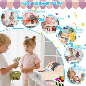Close-up of the wooden cash register calculator display for realistic checkout play.