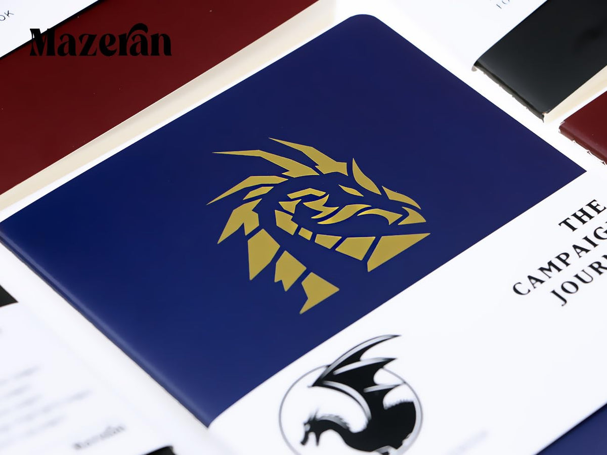 Inside pages of the Mazeran Campaign Journal showing character sheets and quest sections