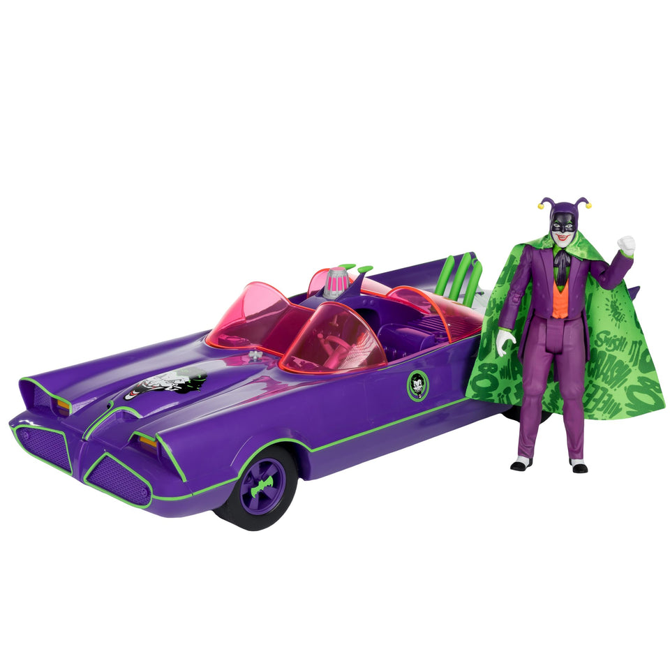 McFarlane Toys DC Retro Batmobile front view highlights premium detailing for display.