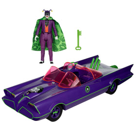 McFarlane Toys DC Retro Batmobile side view showcases sleek lines for collection.