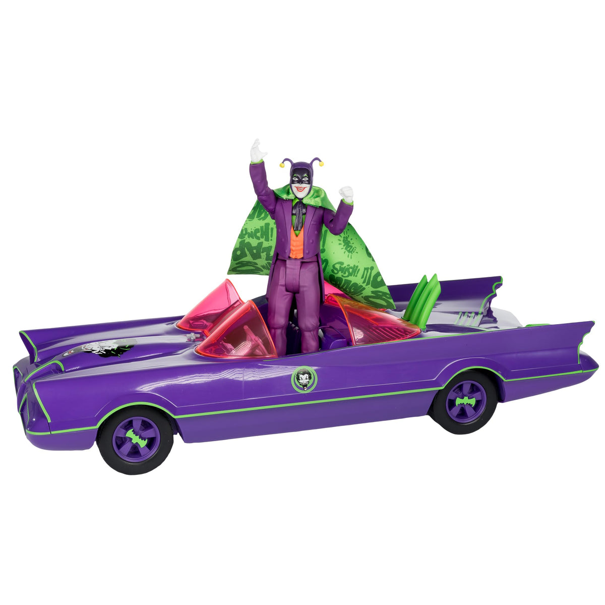 McFarlane Toys DC Retro Joker action showcases dramatic cape for dynamic poses.