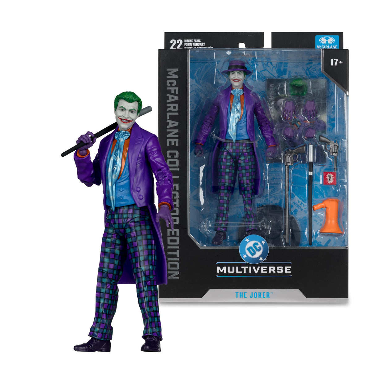 McFarlane Toys Joker cane and bullhorn accessories for display.