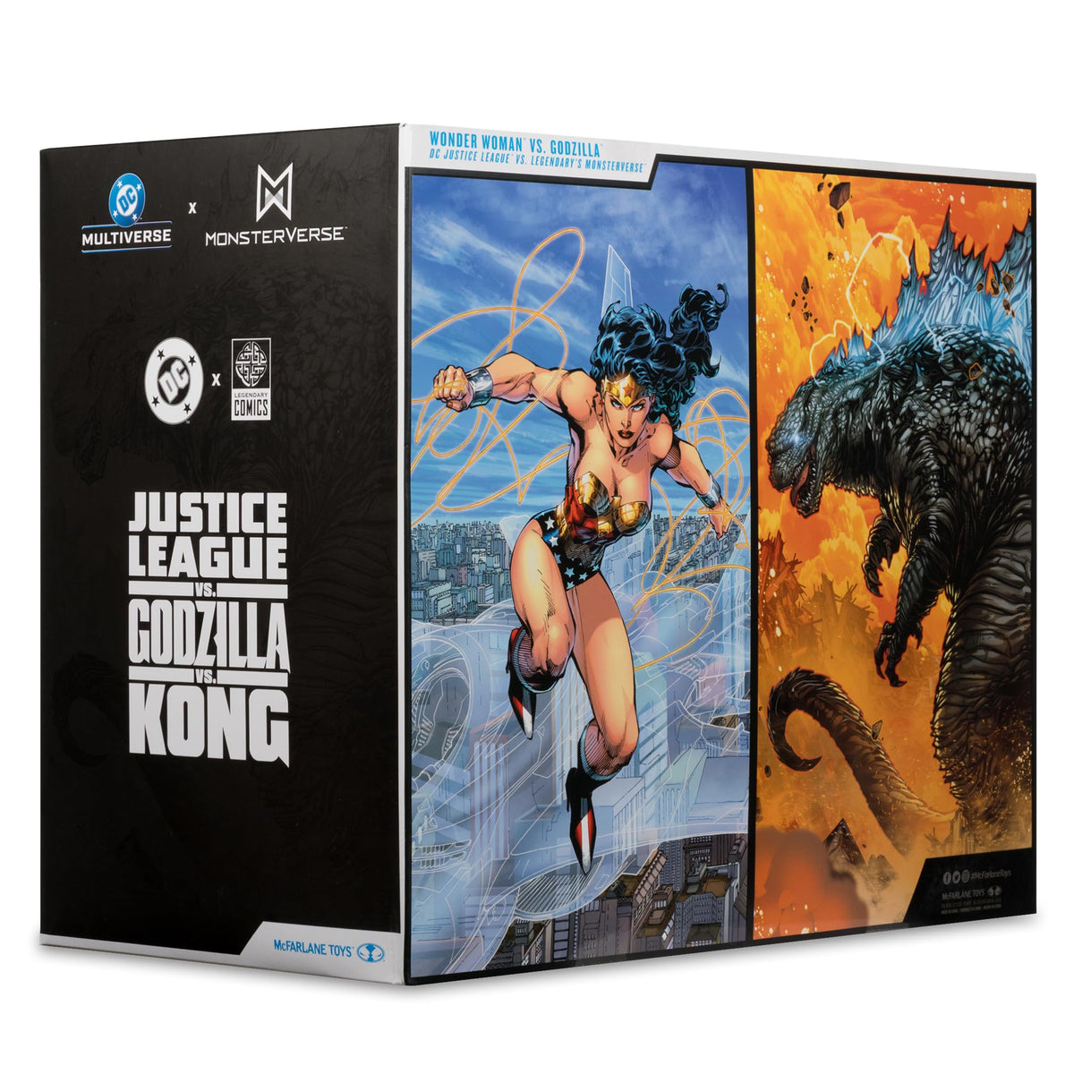 McFarlane Toys Justice League vs Godzilla vs King Kong box art for the set