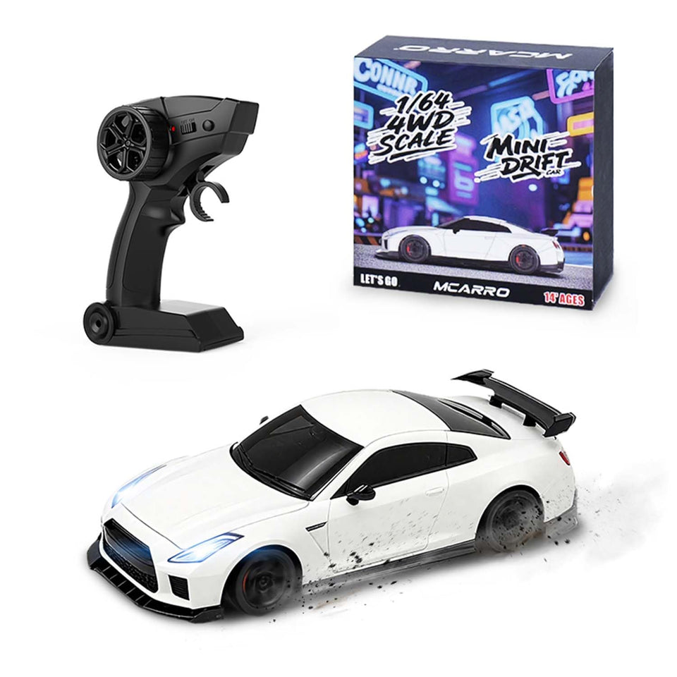 MCARRO 1/64 RC drift car white side view, compact and portable for on-the-go racing