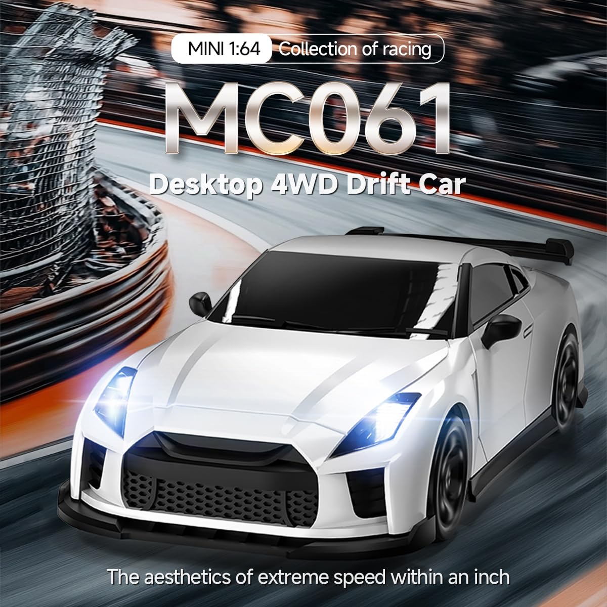 MCARRO 1/64 RC drift car white top view showing palm-sized performance