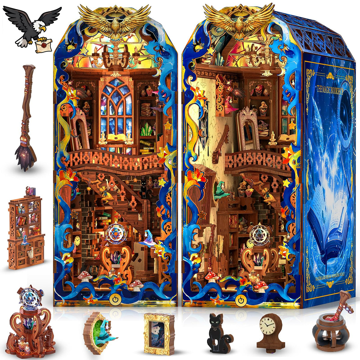 Mccreadee Book Nook Kit with LED light creating a cozy illuminated bookstore display