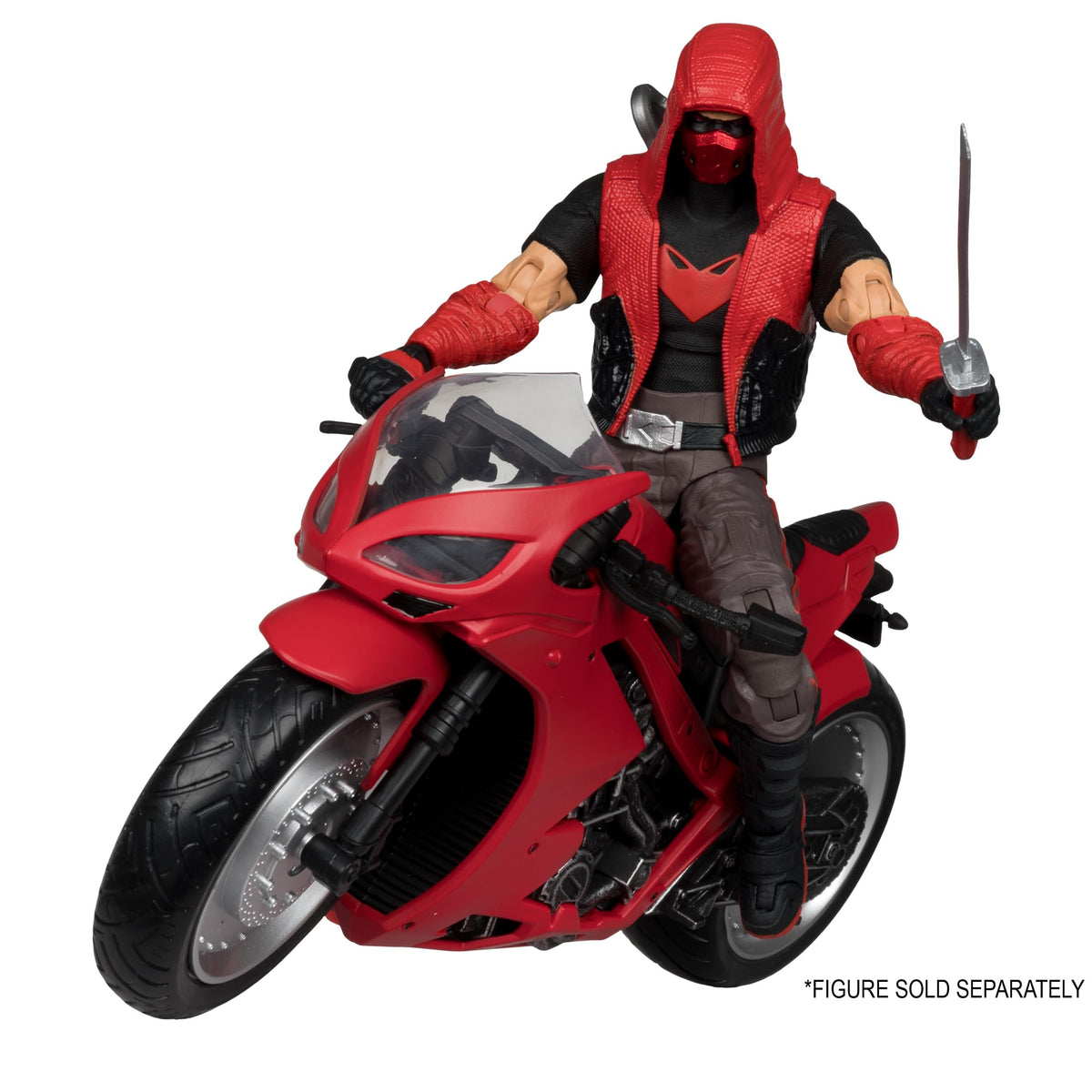 McFarlane Toys DC Multiverse Red Hood's Sportsbike side wheels for dynamic posing.