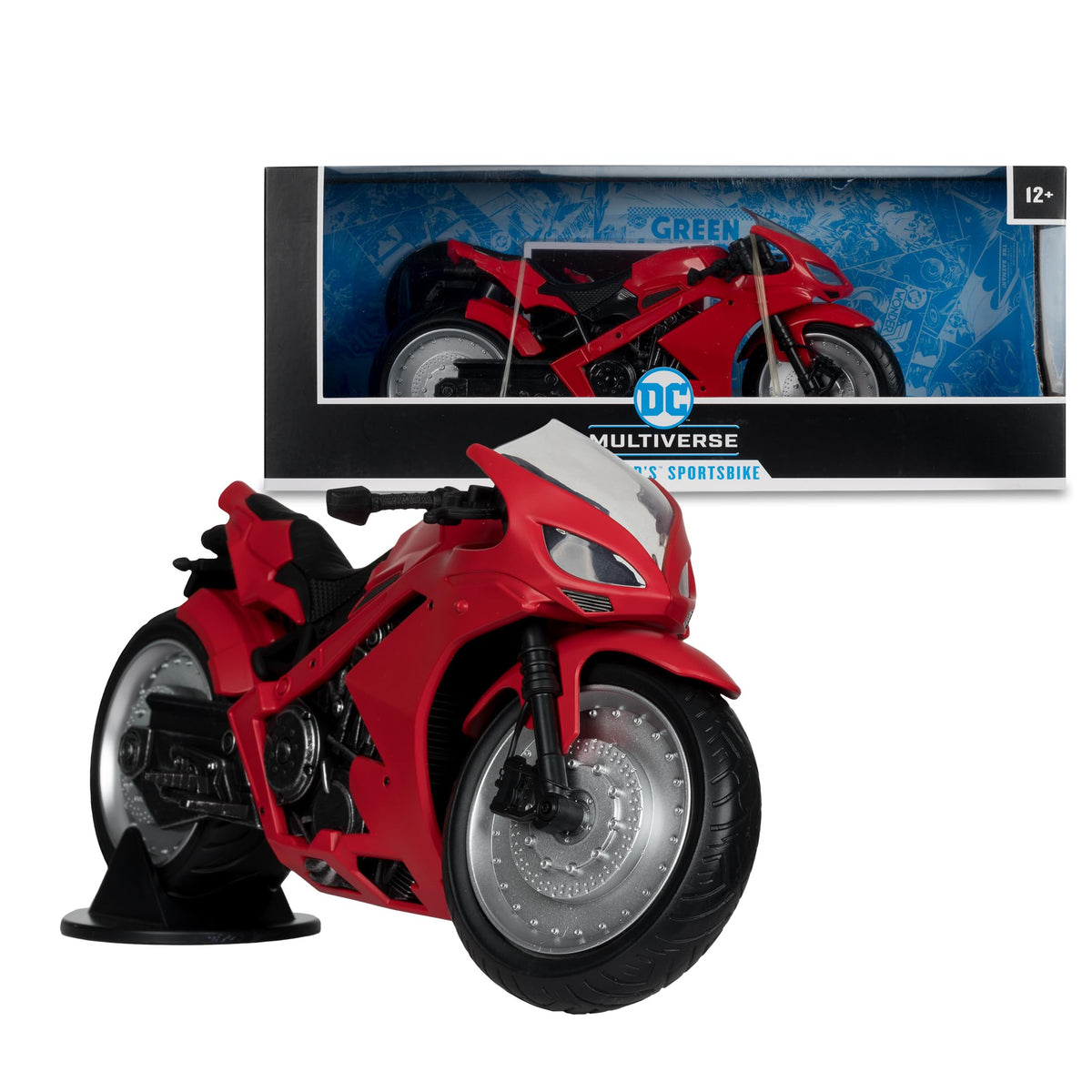 McFarlane Toys DC Multiverse Red Hood's Sportsbike rolling wheels for smooth display.