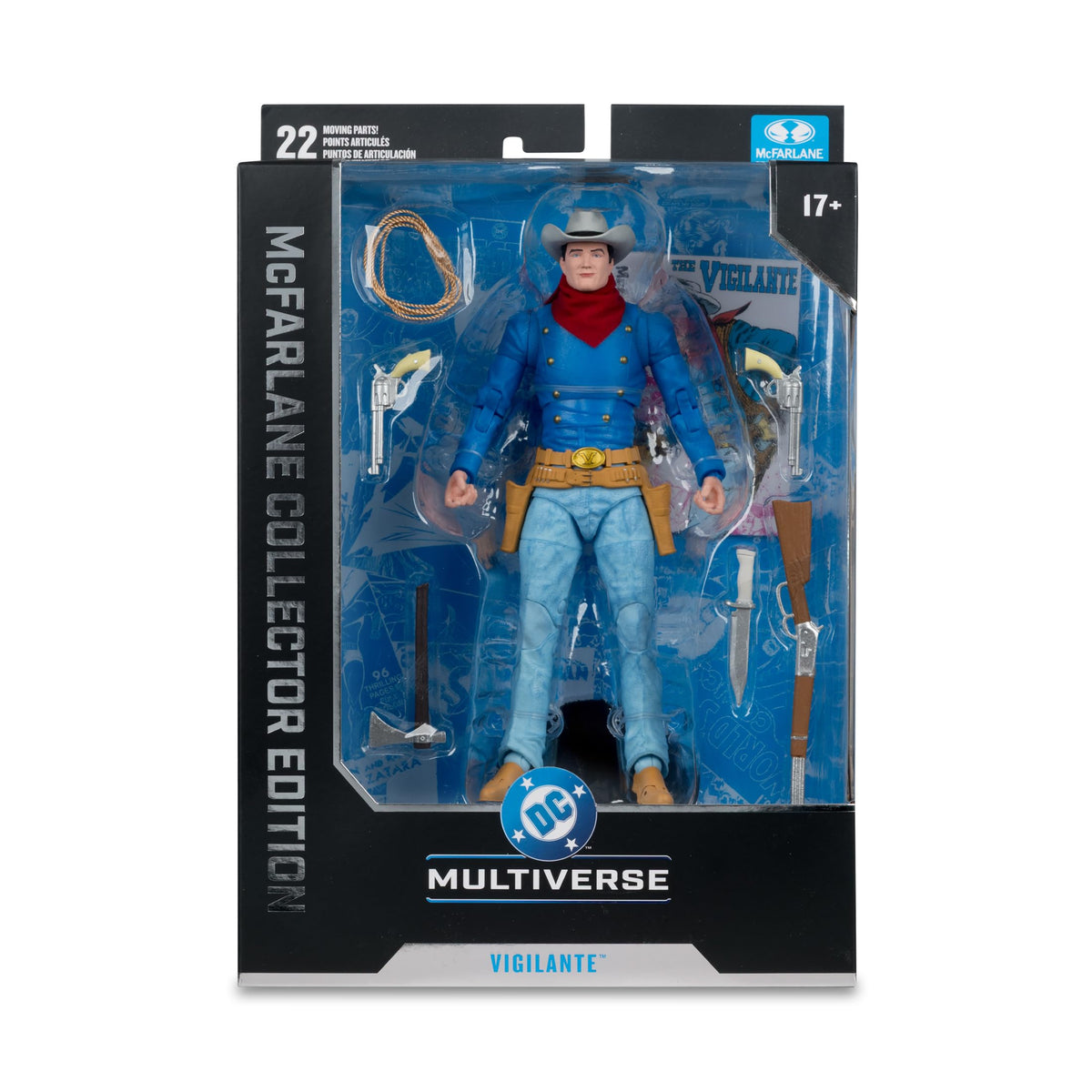 McFarlane Toys Vigilante art card presents front character art and back biography for collector context