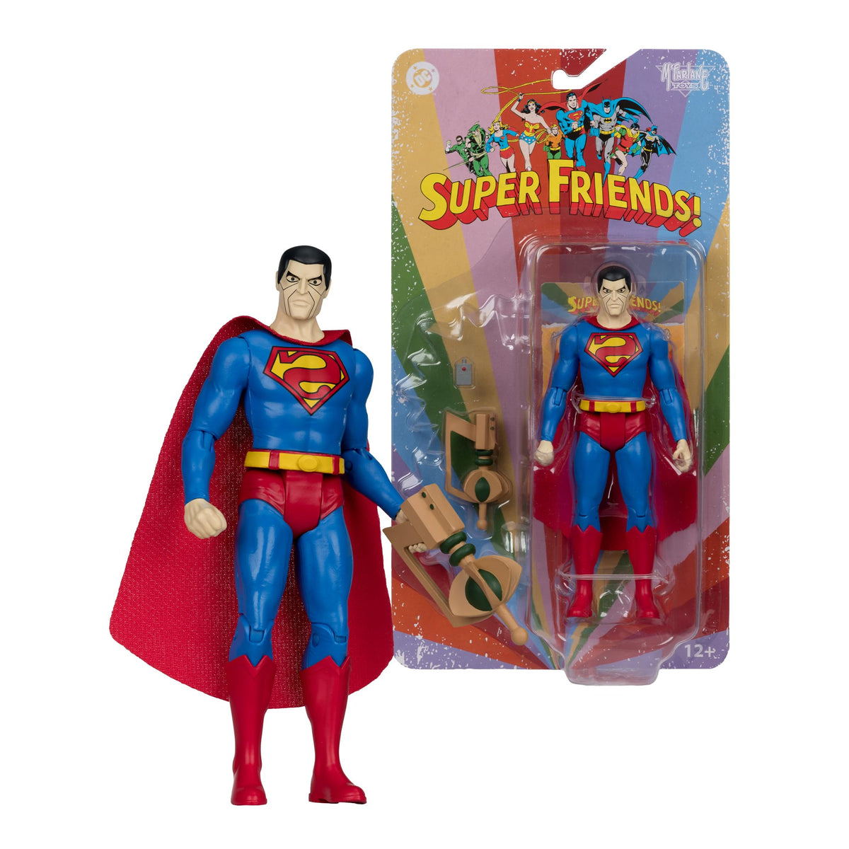 McFarlane Toys DC Retro Bizarro figure includes cape, radio, and ray accessories for scenes.