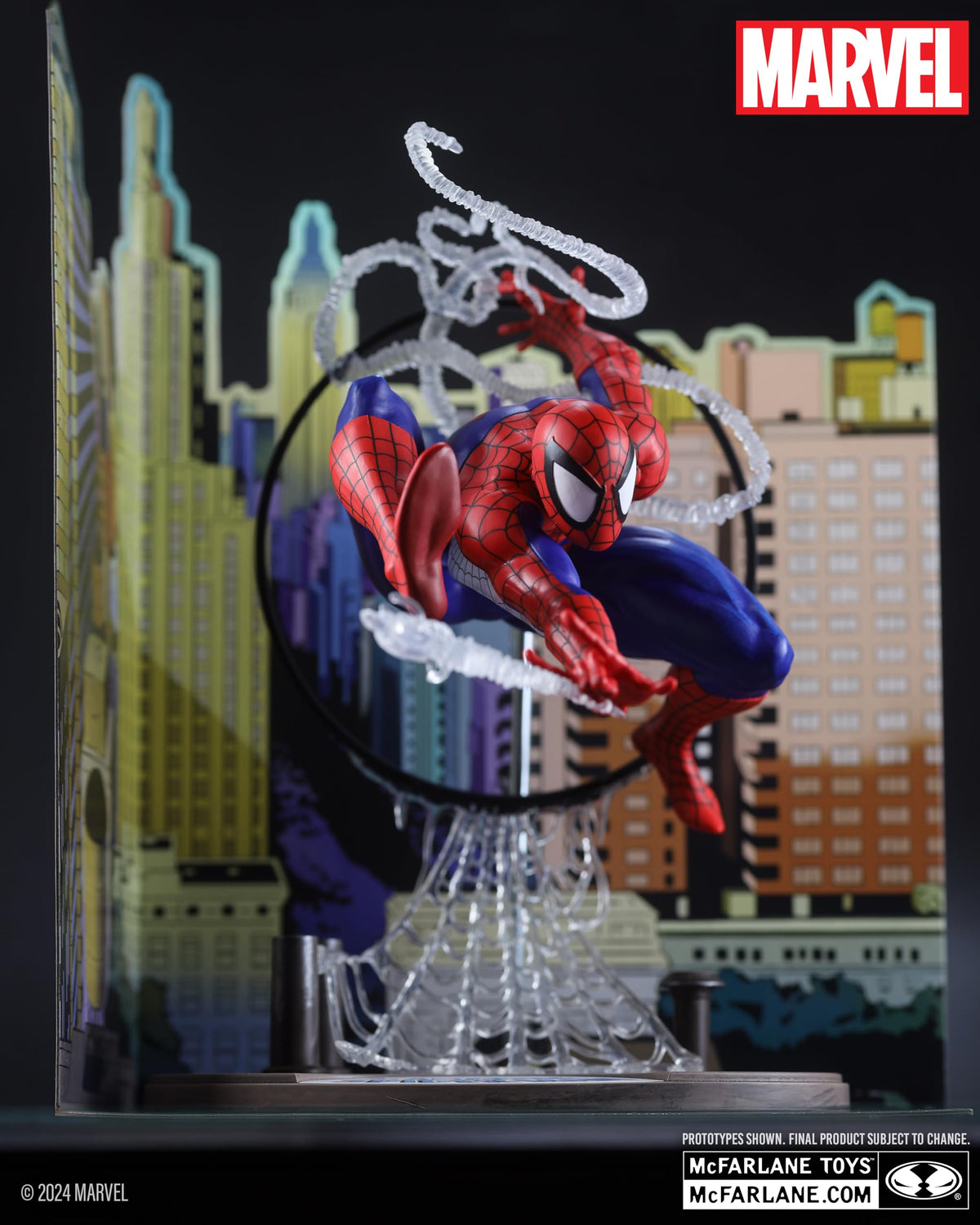 McFarlane Spider-Man backdrop on urban rooftop enhances diorama realism.