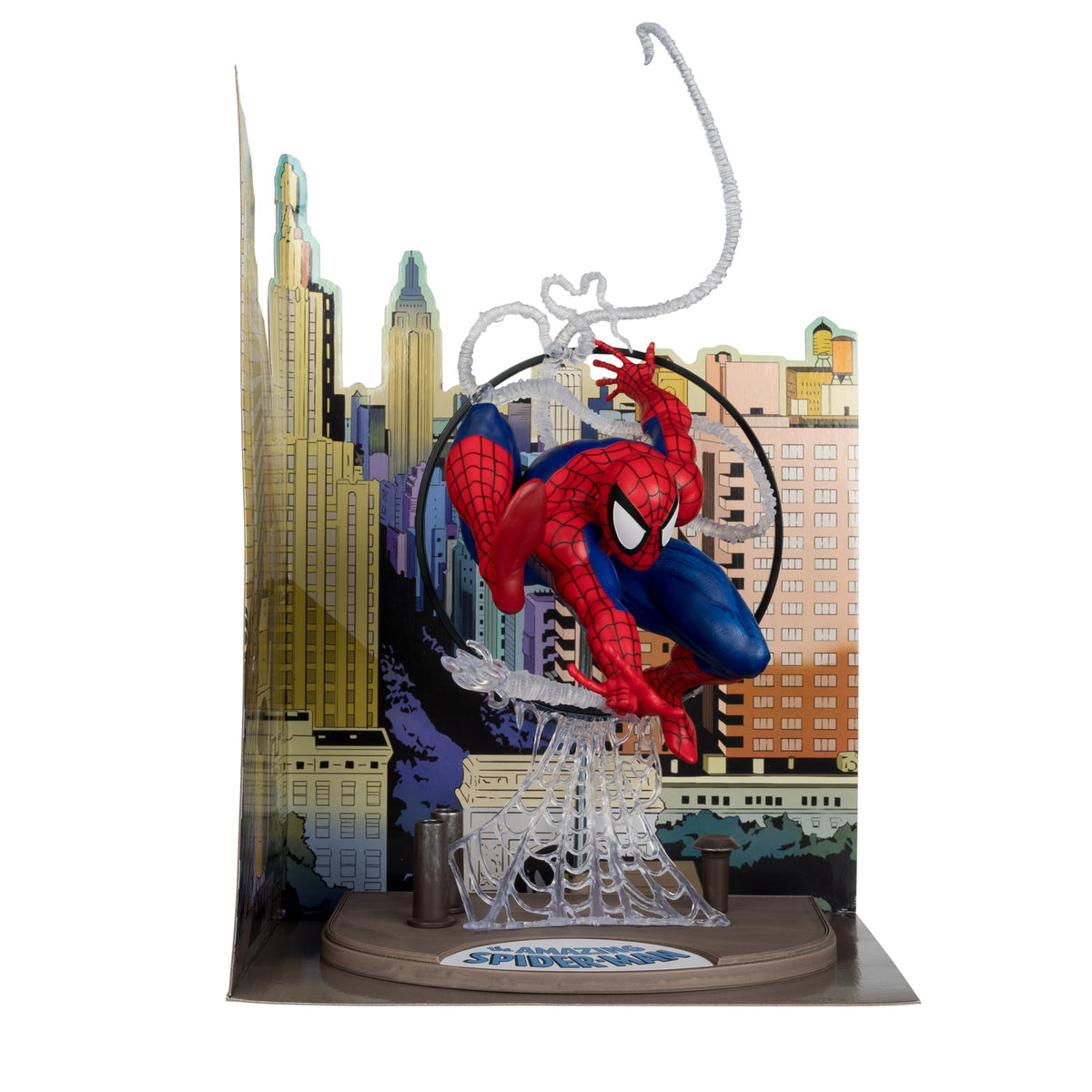 McFarlane Spider-Man figure detail shows webbing texture for realism.