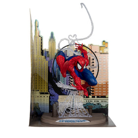 McFarlane Spider-Man figure detail shows webbing texture for realism.