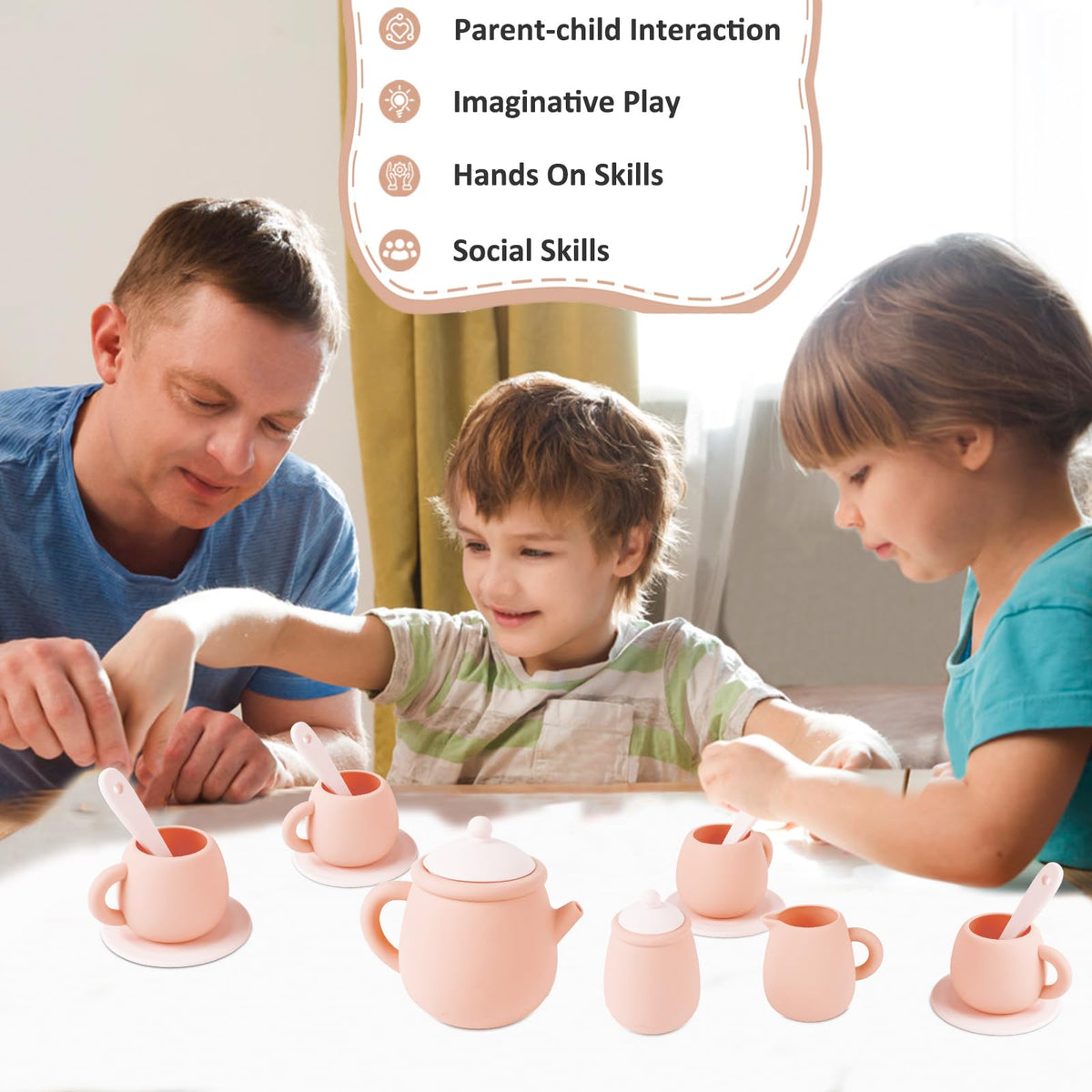 MCGMITT silicone coasters protecting surfaces during pretend tea time.