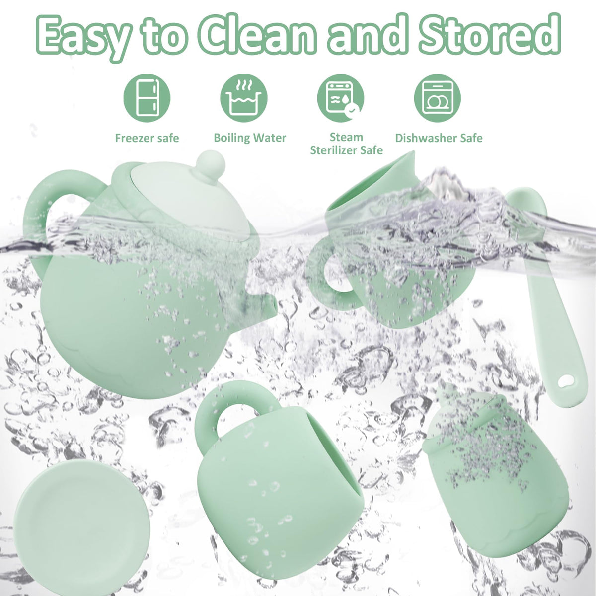 MCGMITT silicone tea set is dishwasher safe for easy cleanup after playtime