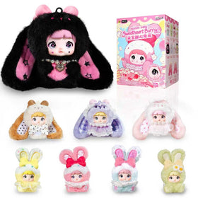 Mckkymi Nommi Baby Sweetheart Bunny blind box front view, a collectible charm for display and gifting.