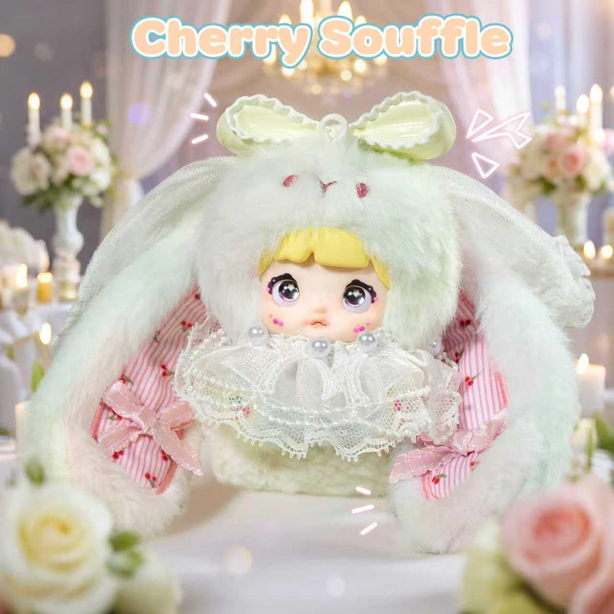 Mckkymi Nommi bunny 5-inch size, compact collectible perfect for bags, desks, or shelves.