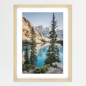MCS puzzle frame in natural woodgrain, front view for display and protection