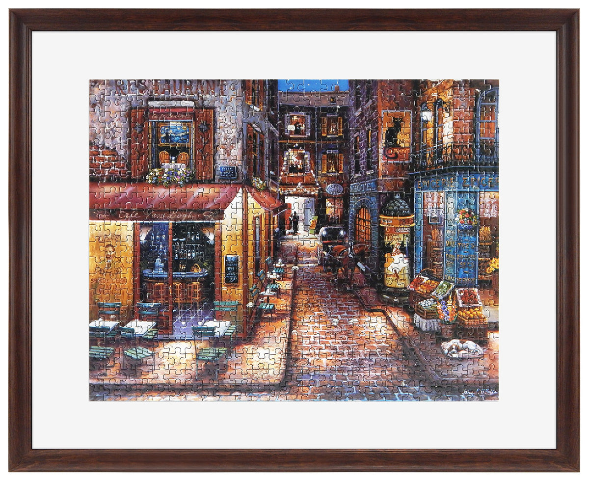 MCS 24x30 puzzle frame with walnut woodgrain, front view for elegant display.