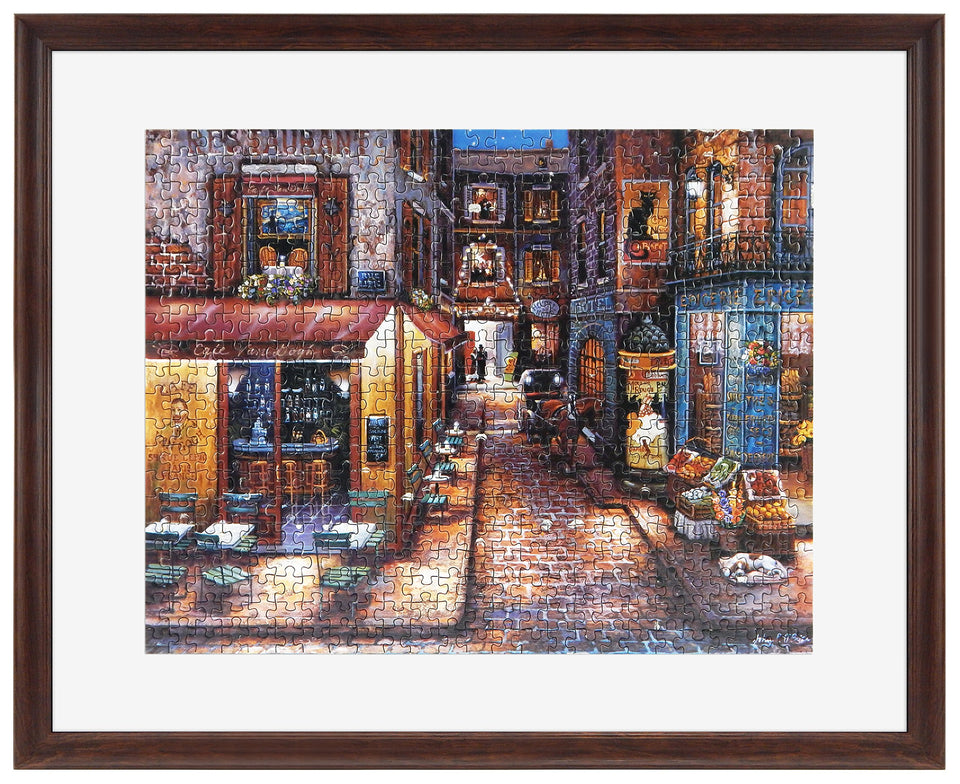 MCS 24x30 puzzle frame with walnut woodgrain, front view for elegant display.