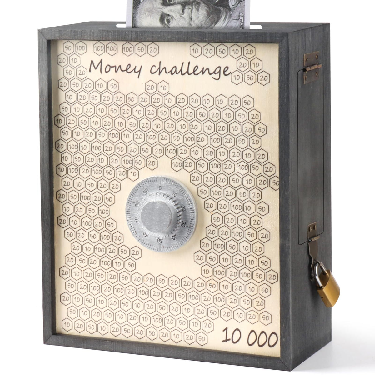 Mczxon 10000 savings box with lock close-up showing secure cash storage.