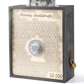 Mczxon 10000 savings box with lock close-up showing secure cash storage.