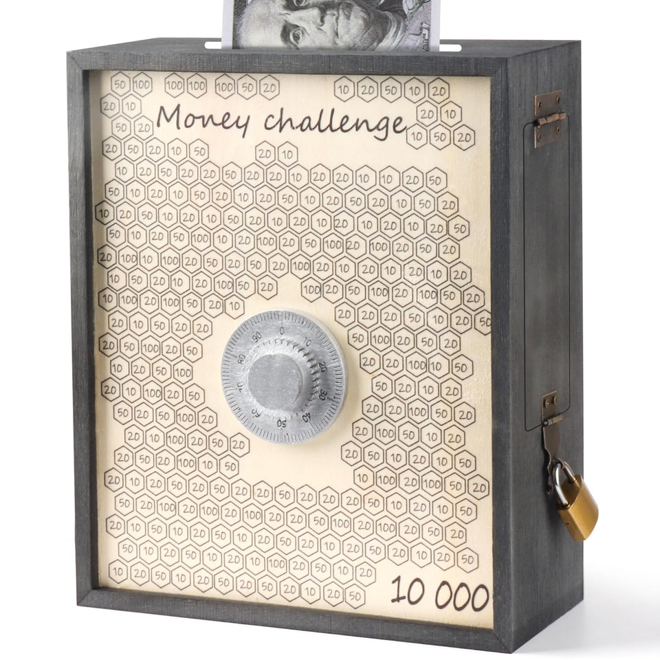 Mczxon 10000 savings box with lock close-up showing secure cash storage.