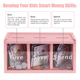 Mczxon clear acrylic and wood piggy bank showcases savings growth through visible, kid-friendly design.