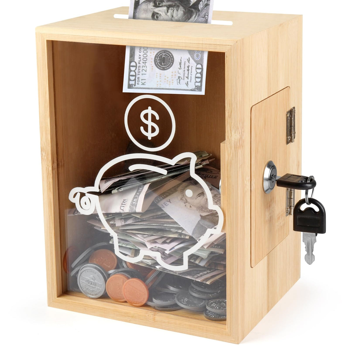 Mczxon clear piggy bank with lock, front view shows growing savings.