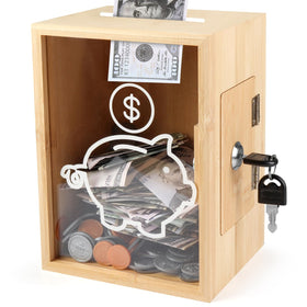 Mczxon clear piggy bank with lock, front view shows growing savings.