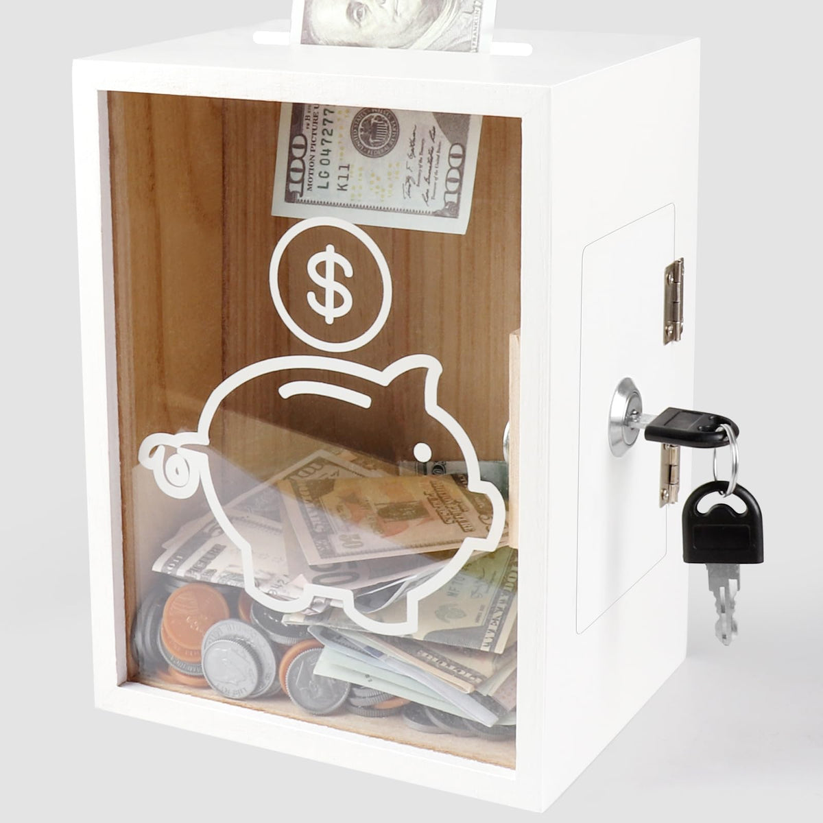Mczxon clear piggy bank with lock shows savings growth.