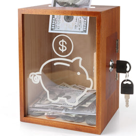 Mczxon clear piggy bank with lock shows growing savings.