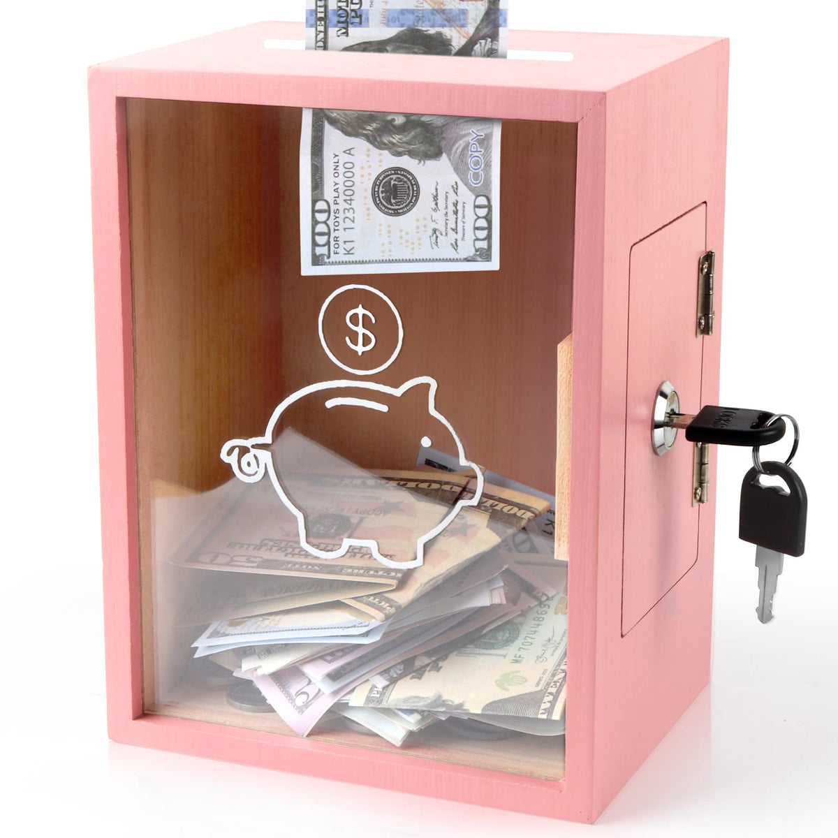Mczxon clear piggy bank with lock showing savings growth.