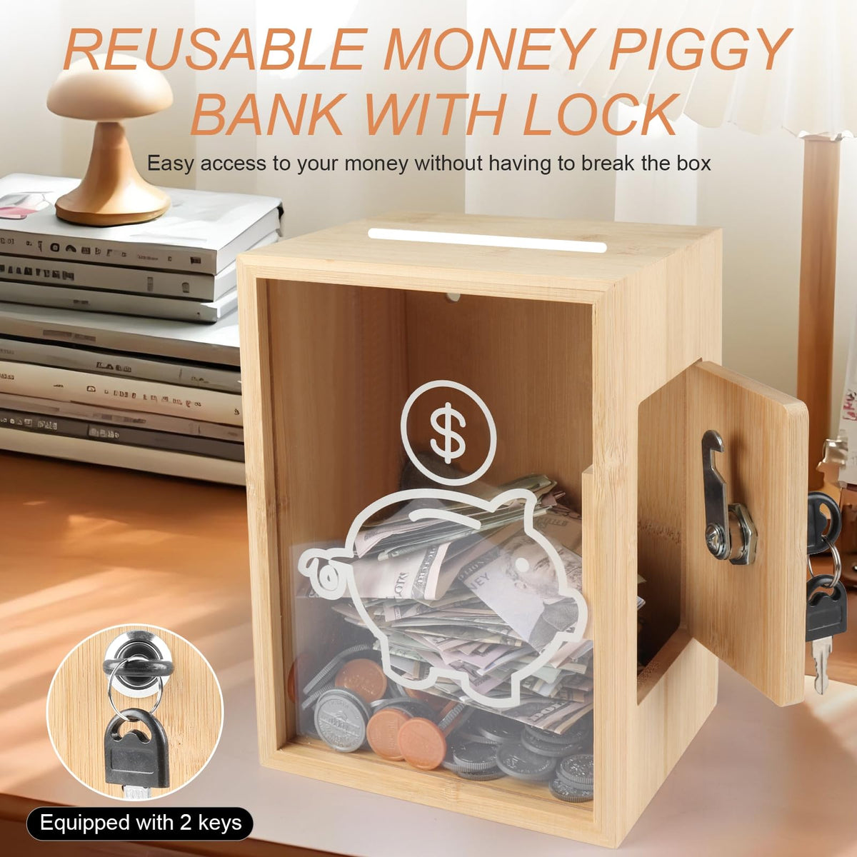 Mczxon piggy bank lock with keys emphasizes secure access.