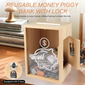 Mczxon piggy bank lock with keys emphasizes secure access.
