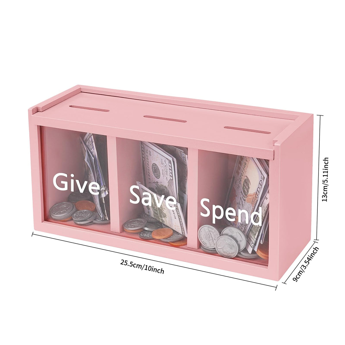Mczxon pink piggy bank front view highlights three labeled sections for spending, saving, and giving.