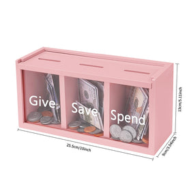 Mczxon pink piggy bank front view highlights three labeled sections for spending, saving, and giving.