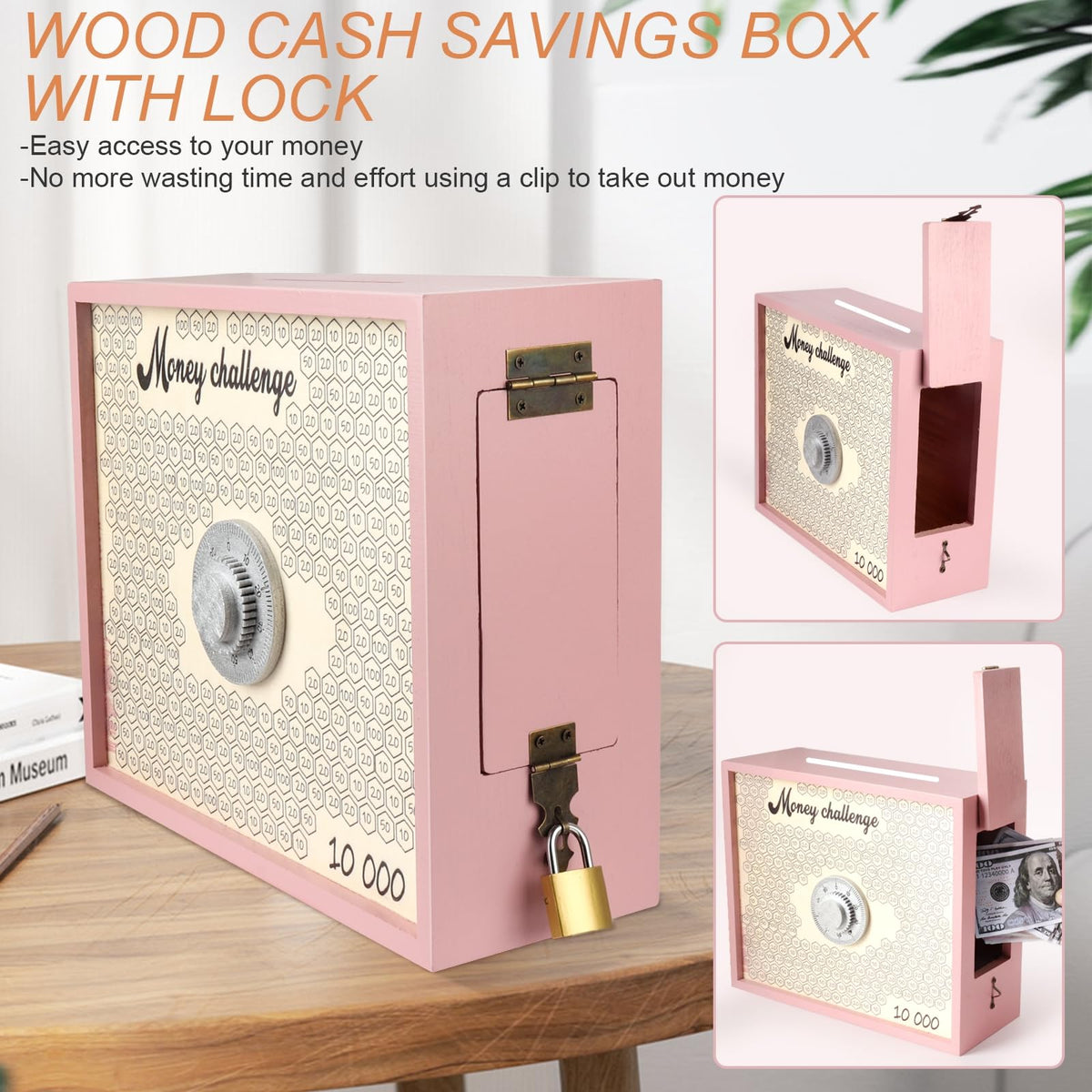 Mczxon savings box lid close-up reveals sturdy hinges