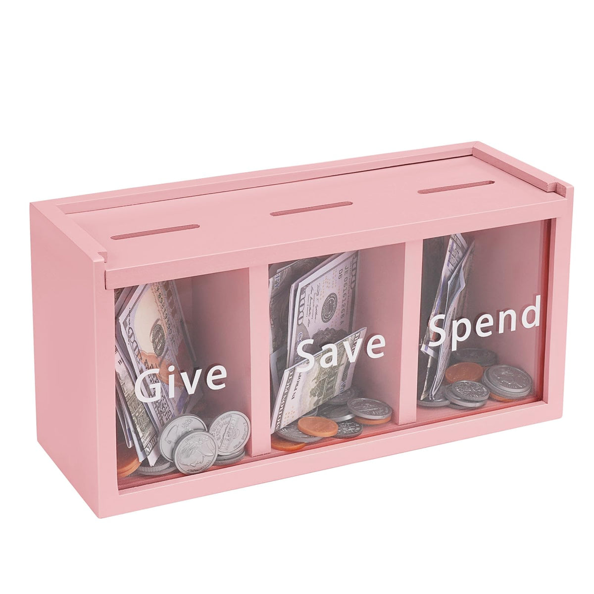 Mczxon Spend Save Give piggy bank for kids with clear compartments to teach budgeting.