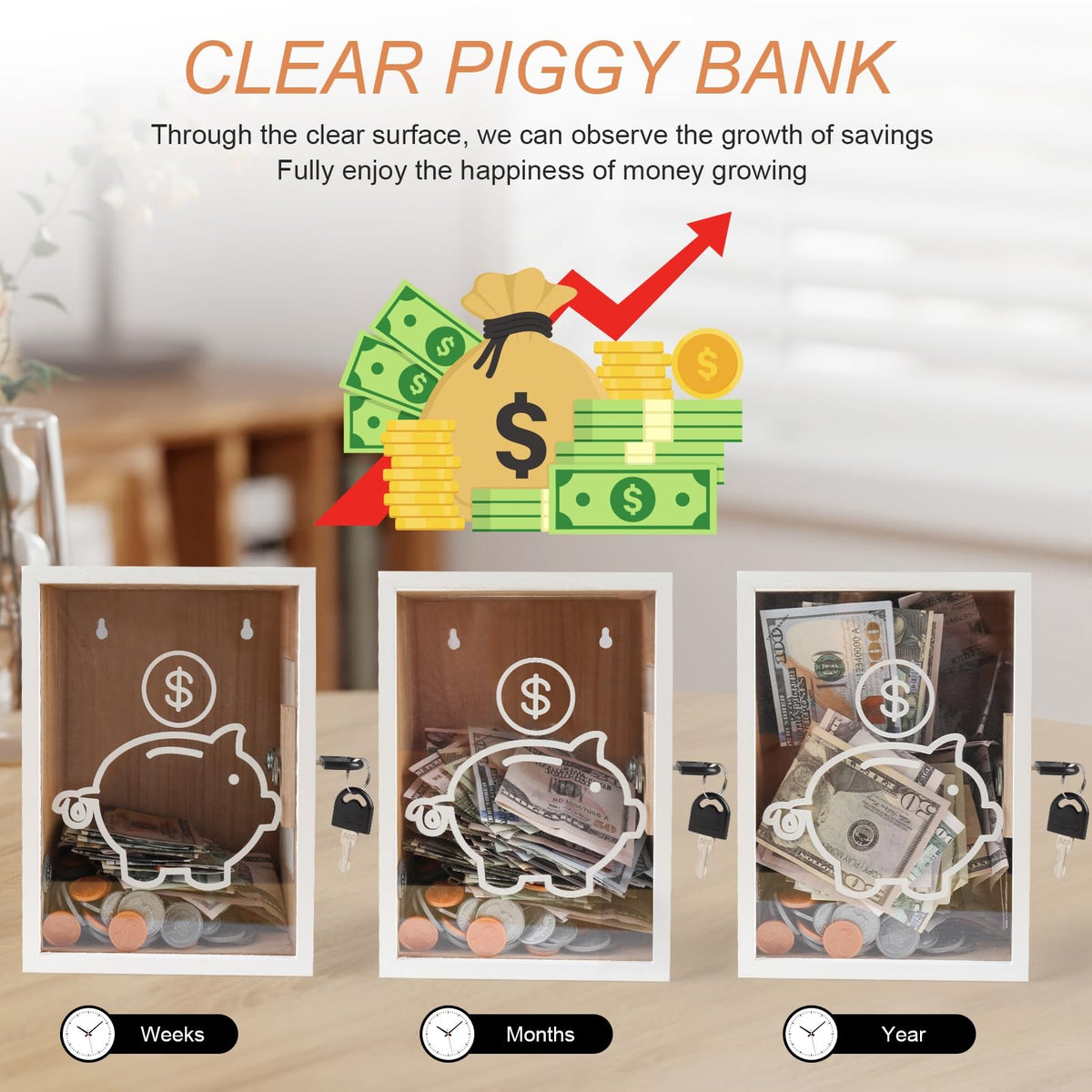 Mczxon transparent design lets you watch money accumulate over time.