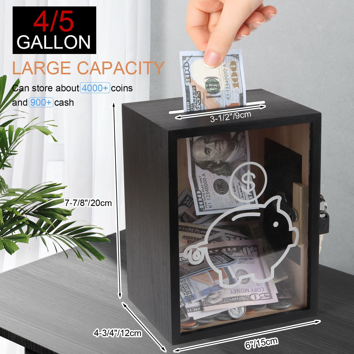 Mczxon openable piggy bank with wood and acrylic design shows savings growth.