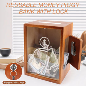 Mczxon wood and acrylic piggy bank material emphasizes sturdy construction.