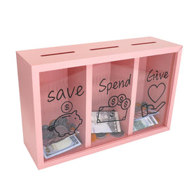 Mczxon wooden Give Save Spend piggy bank shows three compartments for budgeting practice.