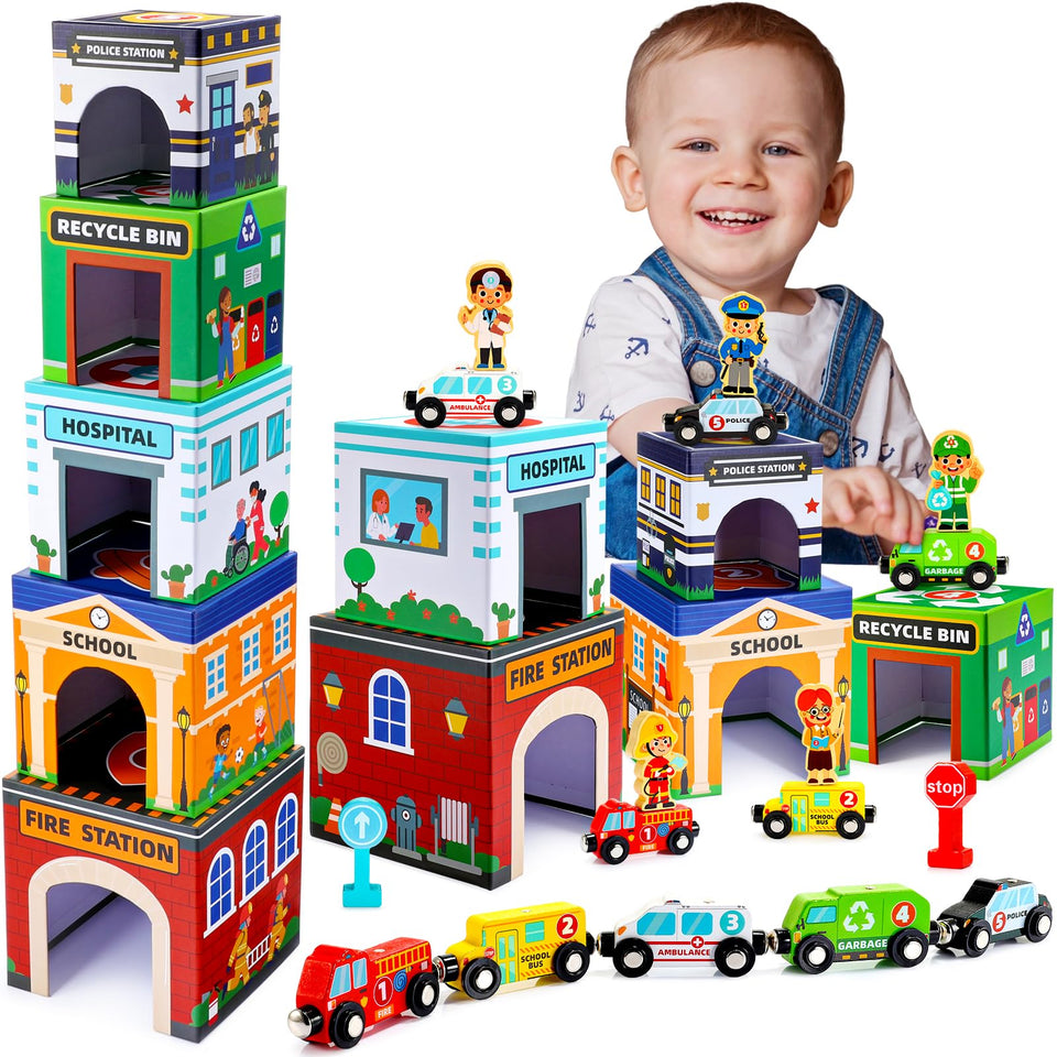 MDINGTD stacking garages set for imaginative play and fine motor skills.
