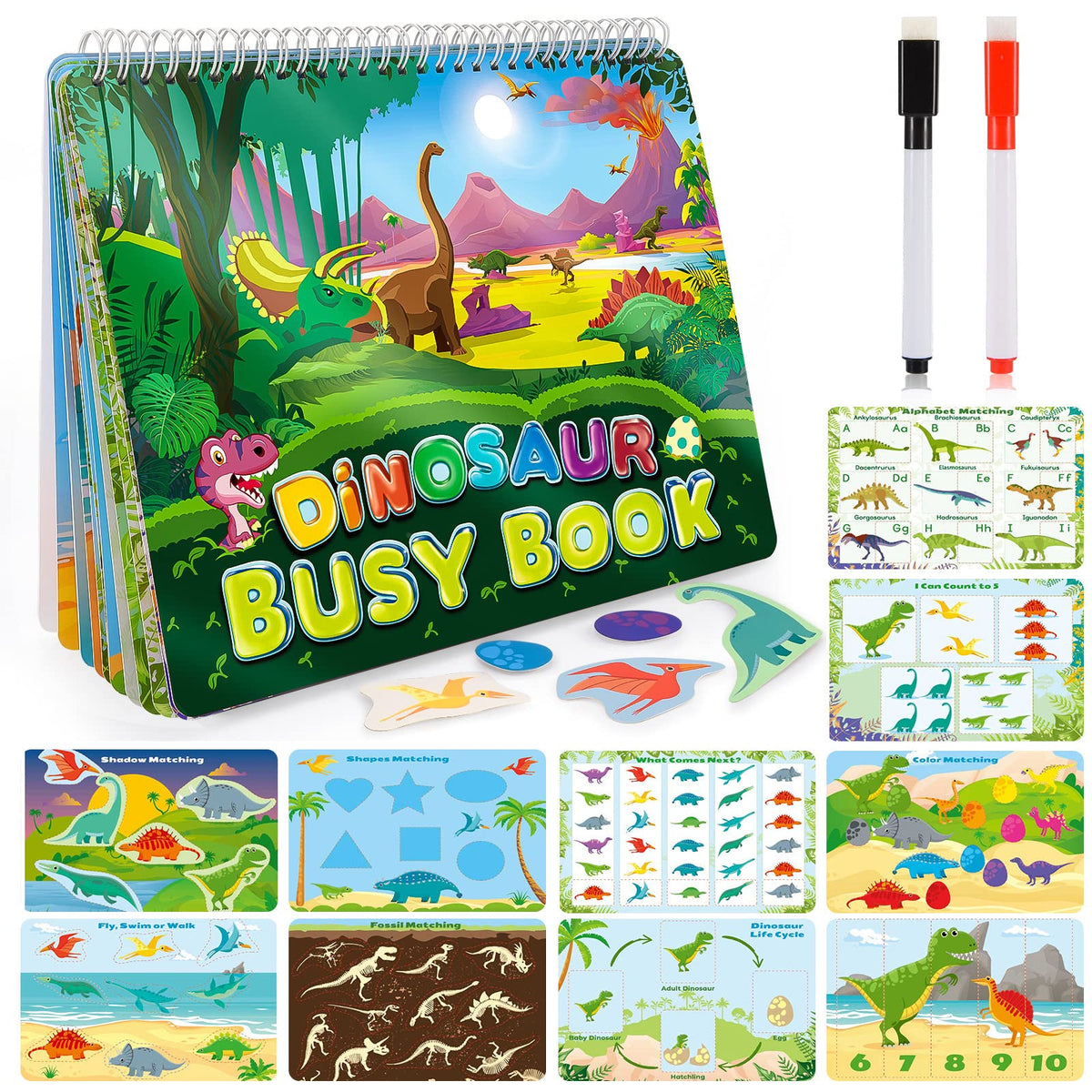 MDINGTD Dinosaur Busy Book cover with colorful dinosaurs inviting imaginative play.