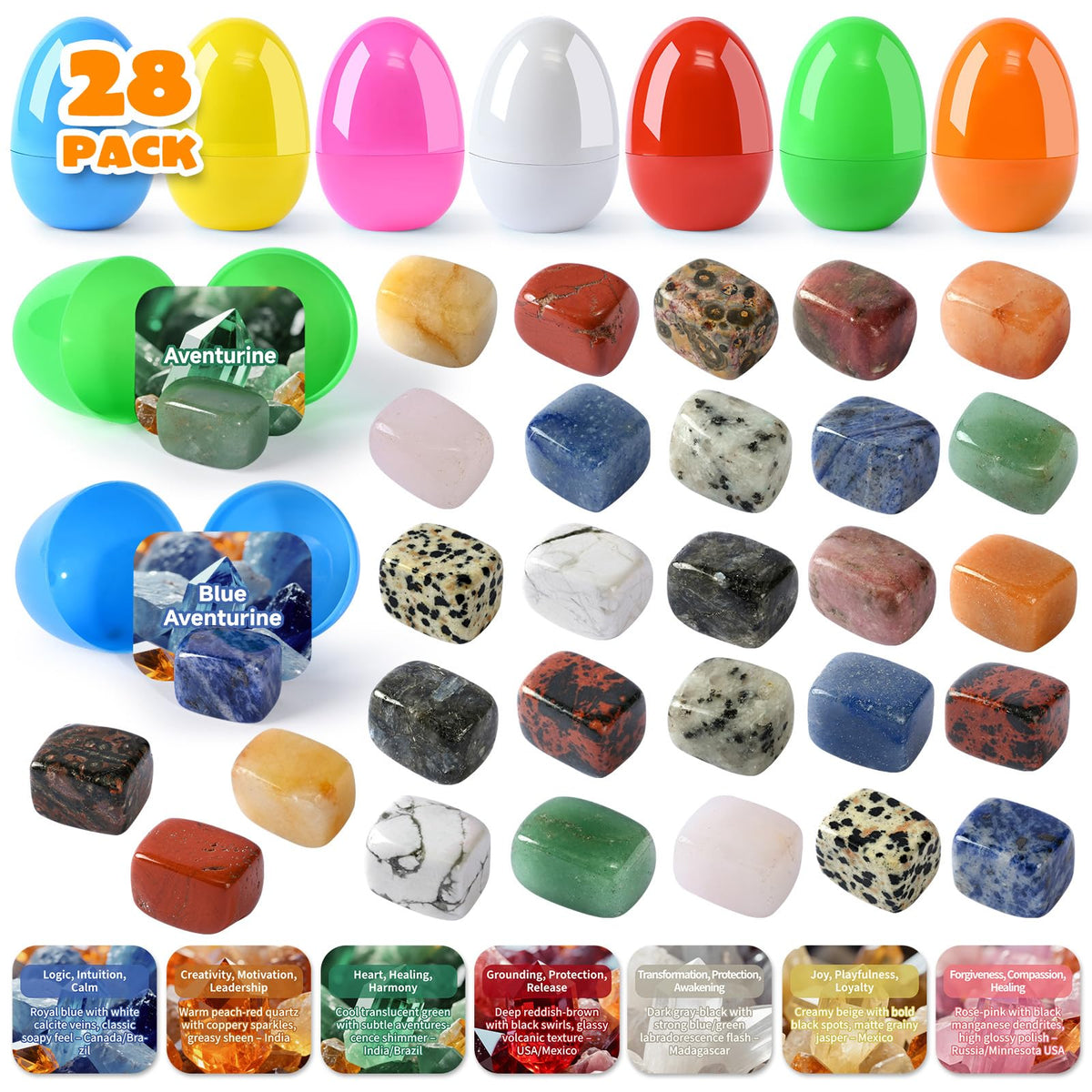 Meadin 28-pack Easter eggs with gemstones inside for educational egg hunts.