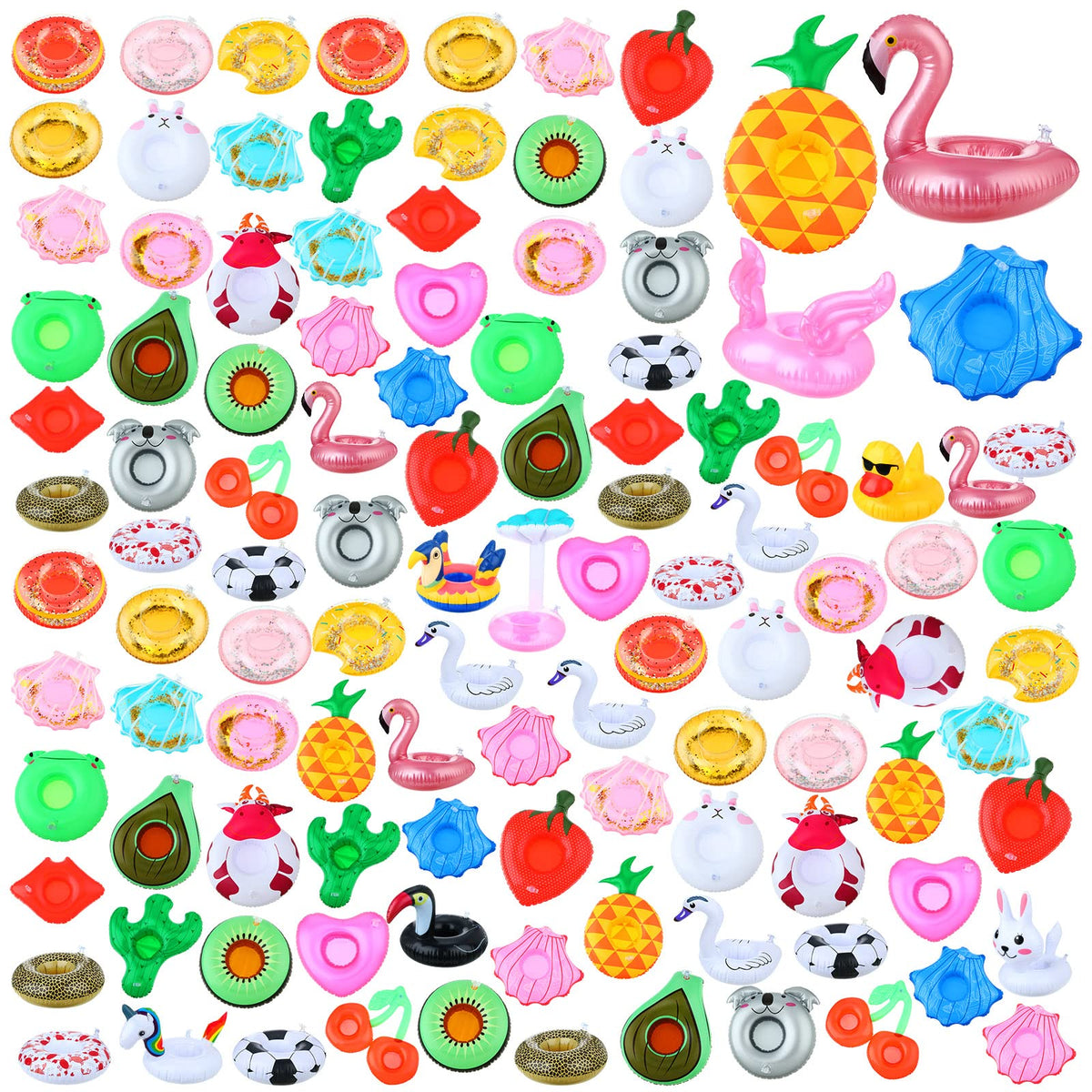 Meanplan 102pcs inflatable drink holders with donut shape keep beverages afloat at pool parties.