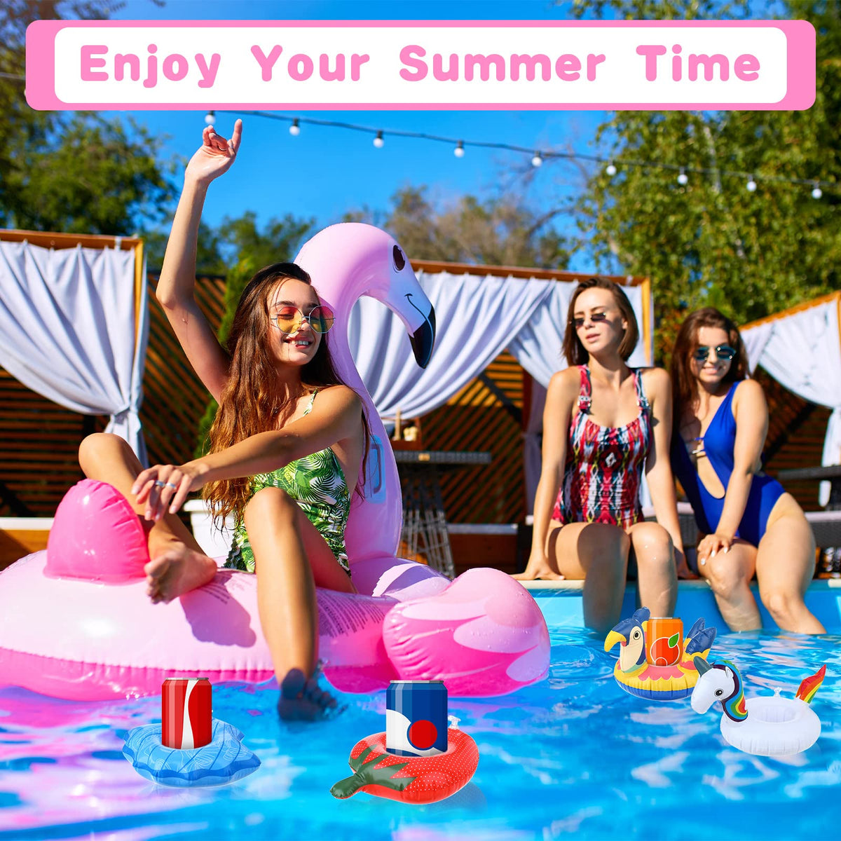 Meanplan flamingo drink float keeps drinks accessible while you lounge in the pool.