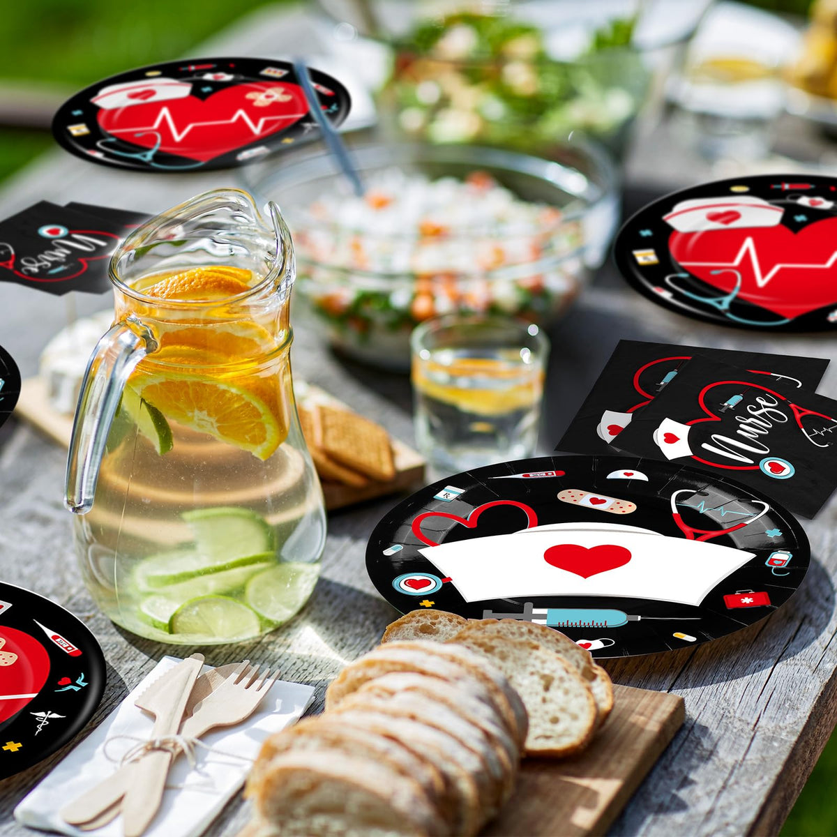 Meanplan doctor-nurse themed tableware set for coordinated party styling.